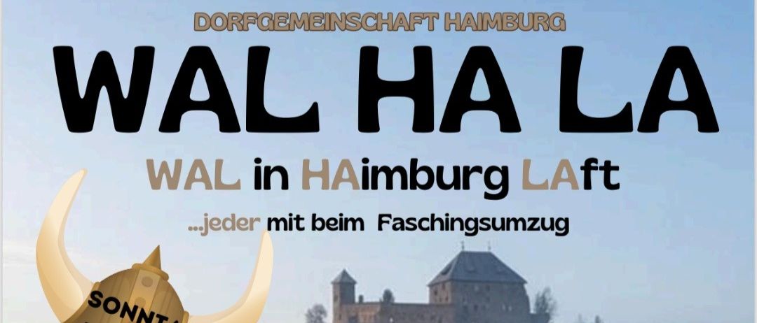 Poster für eine Wal in Haiburg Veranstaltung. Es zeigt eine Gruppe von Menschen in Wikingerkostümen mit einer Burg im Hintergrund. Die Veranstaltung findet am Sonntag, 15. Februar 2026, um 13:13 Uhr an der Volksschule Haimburg statt.