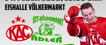 Plakat für ein Wohltätigkeitsspiel am 14. Februar 2026 um 16.00 Uhr. Zeigt einen Eishockey-Spieler in rotem Trikot, Showtraining um 16.00 Uhr, Wohltätigkeitsspiel um 17.00 Uhr und Autogrammstunde um 18.30 Uhr. Logos von KAC und Volksmarkt.