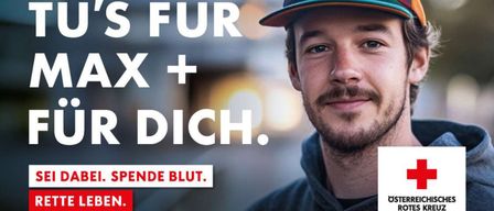 A poster with a man and a red cross, advertising a blood donation event on March 16, 2026, from 3:30 PM to 8:00 PM at the Rotkreuz-Bezirksstelle Volksmarkt Bleistraße 3.