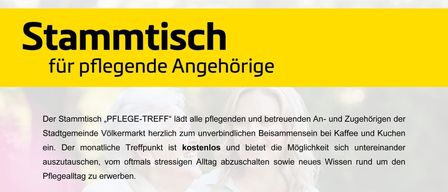 Poster for Stammtisch Pflege-Trefff, welcoming all relatives and caregivers to a monthly meeting for coffee and food. It's free and offers a chance to exchange ideas, relax, and learn about care topics. Schedule includes dates from January to December 2026. Meeting time is 2:30-4:00 PM at Nibelungenstraße 26, 9100 Völkermarkt, meeting room of the SHV in the 1st floor. Contact Stammtischleitung Petra Stökl, BSCn Tel: +43/650 310 45 60.