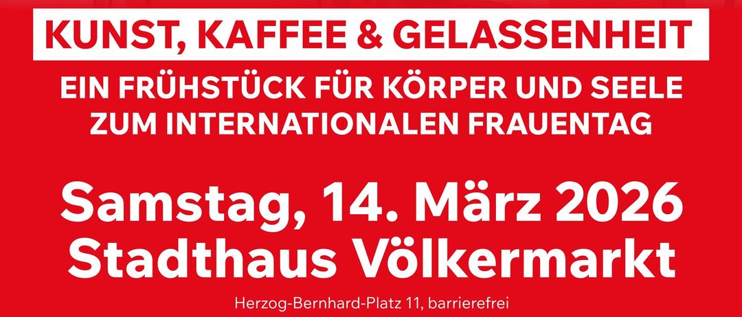 Plakat für eine Veranstaltung mit Kunst, Kaffee und Diskussionen am 14. März 2026. Die Veranstaltung bietet eine regionale Kunstausstellung von Bianca Fels und umfasst ein Frühstücksbuffet um 8:30 Uhr und einen Impulsvortrag um 9:30 Uhr.