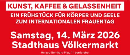 Plakat für eine Veranstaltung mit Kunst, Kaffee und Diskussionen am 14. März 2026. Die Veranstaltung bietet eine regionale Kunstausstellung von Bianca Fels und umfasst ein Frühstücksbuffet um 8:30 Uhr und einen Impulsvortrag um 9:30 Uhr.