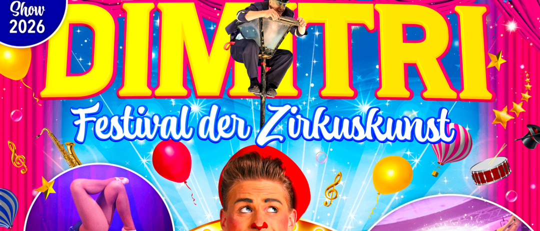 Ein Festivalposter für Zirkuskunst zeigt einen Mann und eine Frau. Die Frau trägt ein blaues Kleid und der Mann einen roten Hut. Verschiedene Zirkusnummern sind um sie herum dargestellt. Der Text lautet 'Festival der Zirkuskunst' und 'Jetzt Tickets sicher!'.