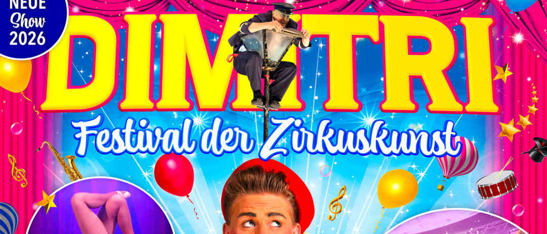 Ein Plakat für das Festival der Zirkuskunst, das einen Mann und eine Frau zeigt, zusammen mit verschiedenen Zirkusnummern wie Einrad und Trapez. Das Plakat ist bunt, mit Ballons, Sternen und Noten. Die Veranstaltung läuft von Donnerstag bis Samstag um 16 Uhr.