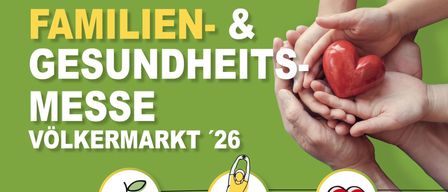 Plakat für die Familien- und Gesundheitsmesse '26. Hände halten ein Herz und einen Apfel. Der Titel lautet 'Familien- und Gesundheitsmesse'.