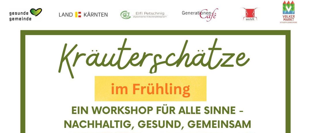 Eine Anzeige für einen Workshop über Frühlingskräuter, der am 8. Mai 2026 von 13:30 Uhr bis 15:30 Uhr im Generationen Cafe stattfindet. Der Workshop fördert nachhaltige, gesunde und gemeinschaftliche Praktiken.