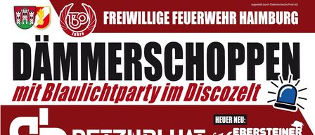 Plakat für eine Veranstaltung am 27. Juni mit einer Gruppe lächelnder Menschen, einem Motorrad und den Worten Damerschoppen mit Blaulichtparty im Discozelt.