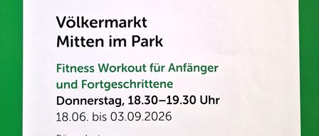 Eine Anzeige für ein kostenloses Fitness-Workout im Park für Anfänger und Fortgeschrittene, von Donnerstag, 18.30-19.30, 18.06. bis 03.09.2026.