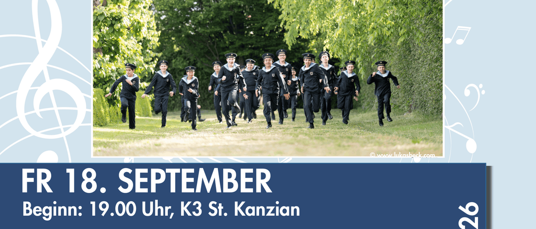 Plakat für ein Musikevent mit einer Gruppe von Kindern in Uniformen, die in einer Reihe laufen, mit Details zu den Veranstaltungsdaten und -zeiten und einem musikalischen Notendesign.