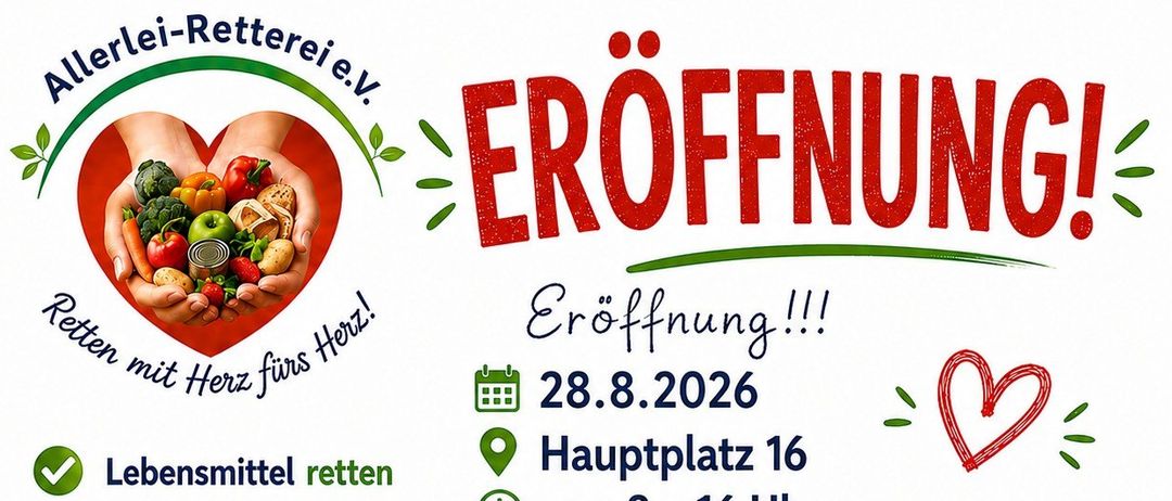 Plakat für die Eröffnungsveranstaltung einer Lebensmittelrettungsorganisation. Es zeigt ein Herz, das Lebensmittel hält, ein Kalenderdatum und Aktivitäten wie Verkostung und ein Hüpfburg für Kinder.