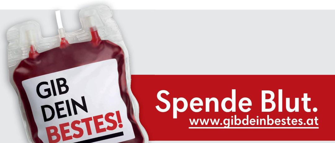 Ein Blutspendebeutel mit dem Text 'Gib dein Bestes!' und einem roten Kreuzlogo darüber. Die Website www.gibdeinbestes.at ist ebenfalls angezeigt.