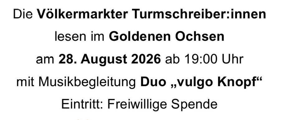 Eine Illustration einer goldenen Kuh neben einer blauen Vase mit einer Feder. Unten steht eine Textankündigung für eine Veranstaltung im Goldenen Ochsen am 28. August 2026 um 19:00 Uhr mit Musik von Duo Vulgo Knopf.