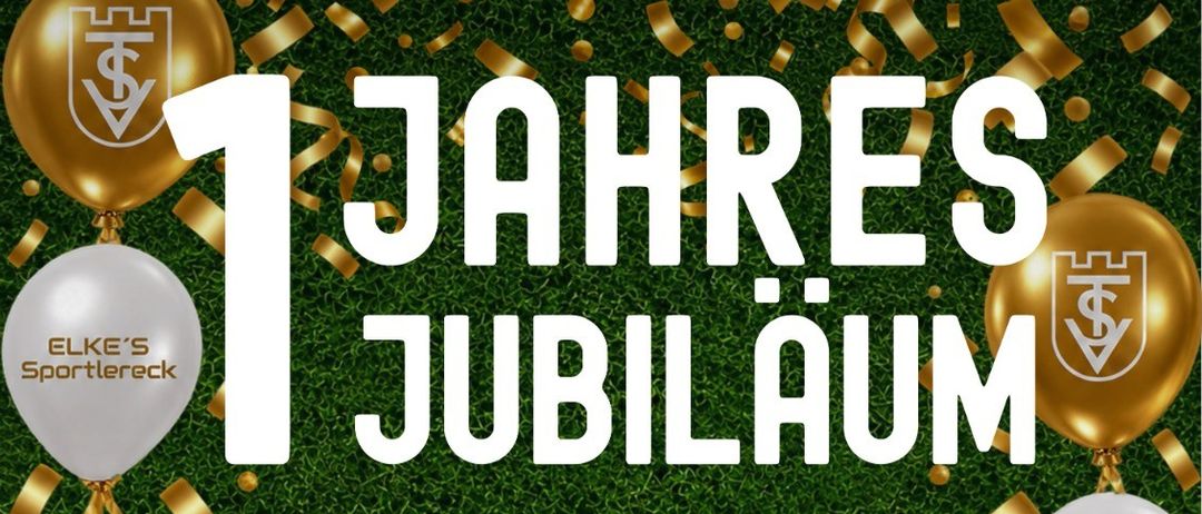 Plakat für das Jubiläumsevent von Elke's Sports Bar am 3. Oktober mit Live-Musik, Essen und Luftballons. Die Veranstaltung beginnt um 16 Uhr.