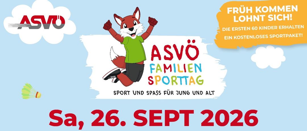 Plakat für den ASVO Familien-Sporttag am 26. September 2026 im VST-Stadion. Die Veranstaltung beginnt um 13:00 Uhr, und der Eintritt ist frei. Verschiedene Sportarten können ausprobiert werden.