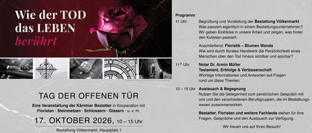 Plakat für eine Veranstaltung mit einer Rose, einer Kerze und Text über ein Programm und Floristik. Die Veranstaltung ist für Oktober 2026 geplant.