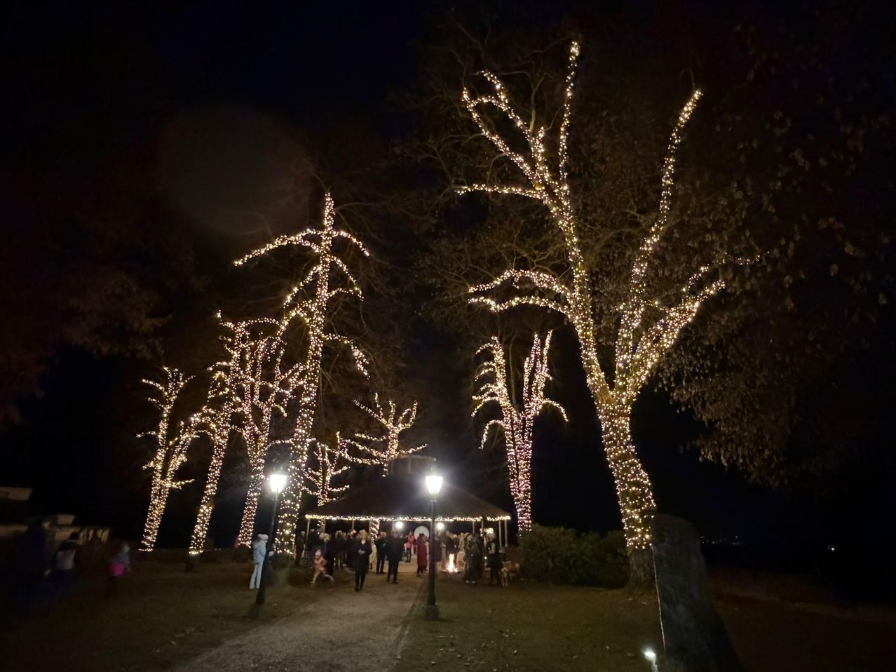 Eine nächtliche Zusammenkunft in einem Park mit Bäumen, die mit Weihnachtslichtern geschmückt sind, einem Pavillon in der Mitte und einer Menge Menschen, die herumschlendern.
