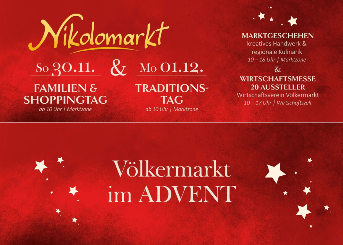 An advertisement for Yikolomarkt features a red background with stars. It highlights the market's creative handicrafts and regional cuisine. The event is scheduled for November 30 and December 1, from 10-18 hours. There is also a separate schedule for business associations on December 1, from 10-17 hours.