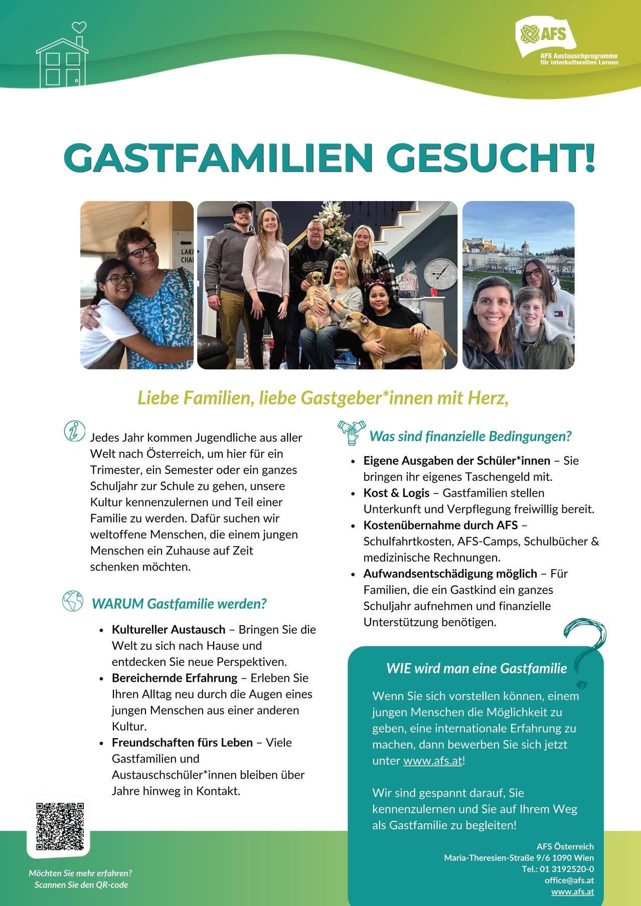 Eine Werbung für Familien, um Gastfamilien für Schüler zu werden. Es zeigt eine Collage von Familien mit Schülern und betont den Spaß und kulturellen Austausch. Finanzielle Bedingungen werden beschrieben, einschließlich Kostenübernahme durch Gastfamilien und Unterstützung durch den österreichischen Bundesförderungs- und Stipendienfonds.