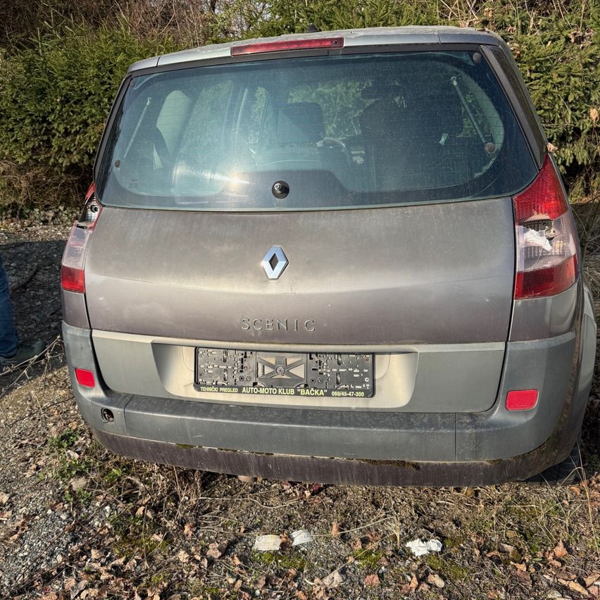 Die Rückseite eines silbernen Renault Scenic mit einem Nummernschild hinten. Es ist auf einem Feldweg mit Grünpflanzen dahinter geparkt.