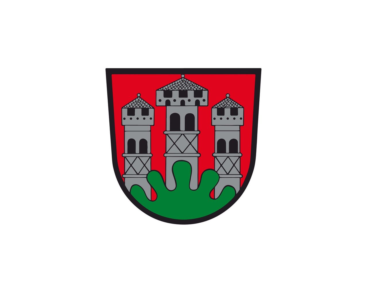 An emblem featuring three towers set against a red background. The towers are gray and have pointed roofs. A green leaf design is positioned at the bottom center.