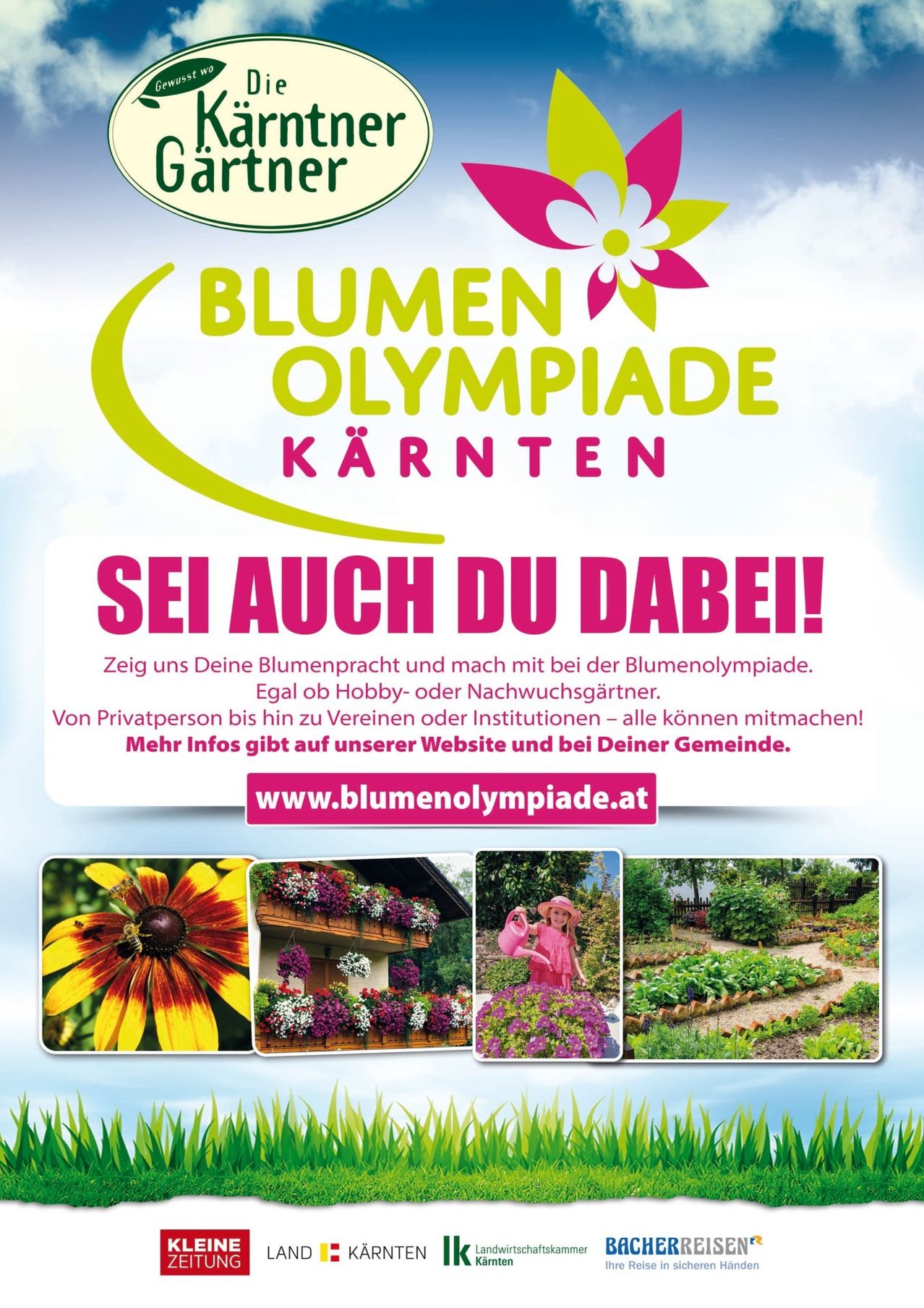 Blumen Olympiade Veranstaltung in Kärnten. Einlädt Einzelpersonen, Hobbygärtner und professionelle Gärtner zur Teilnahme. Zeigt Gärten und Blumen. Besuchen Sie die Website www.blumenolympiade.at für weitere Informationen.