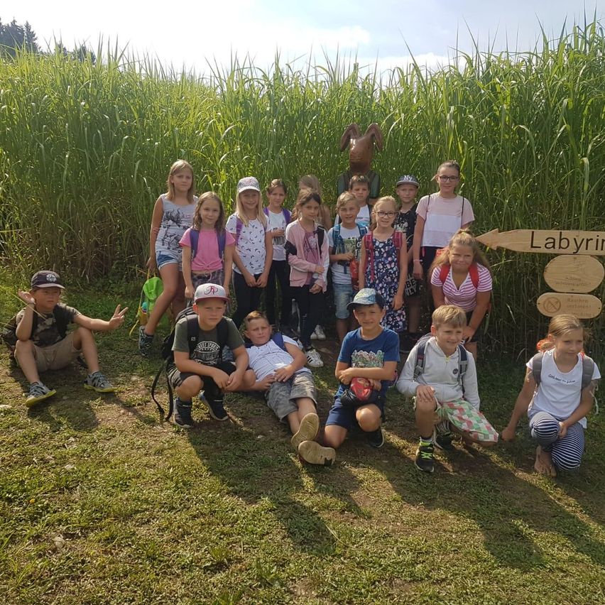 Eine Gruppe von Kindern posiert für ein Foto vor einem Holzschild, auf dem 'Labyrinth' steht. Die Kinder sitzen und stehen in einem Feld mit hohem Gras.
