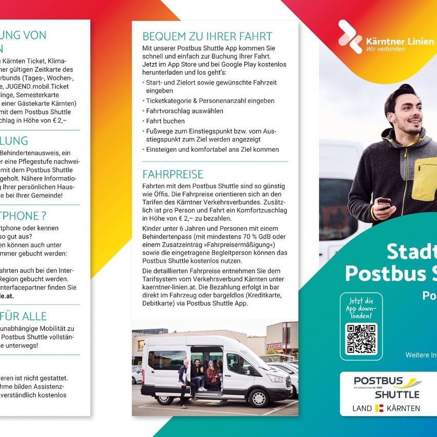 Ein Flyer für den Postbus Shuttle Service in Kärnten, Österreich, zeigt einen Mann mit Smartphone und einen Van. Es werden die Funktionen der App, die Tarife und die Zugänglichkeit hervorgehoben.