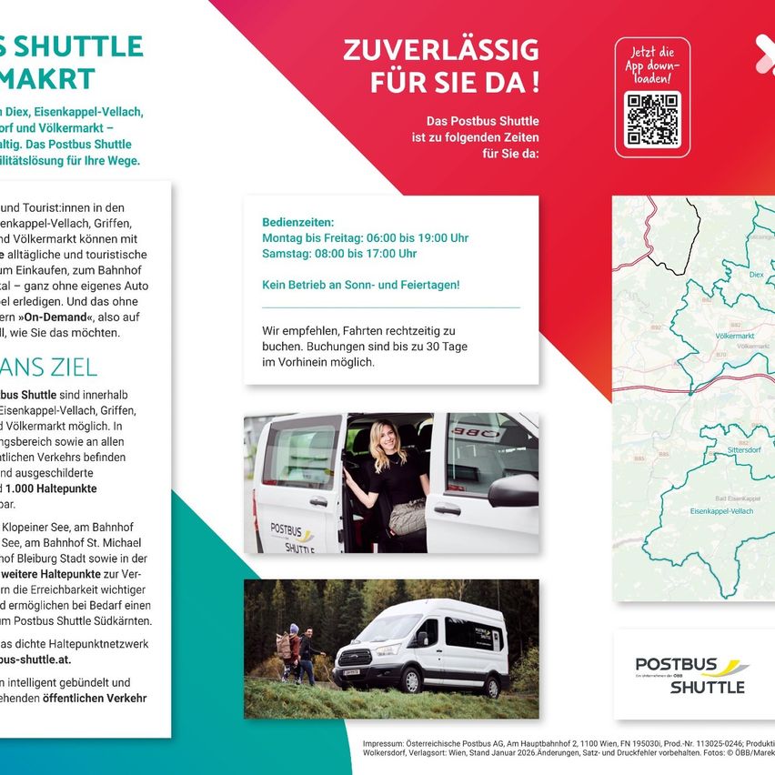 Der Postbus Shuttle-Service ist in Eisenkappel-Vellach, Griffen und Völkermarkt verfügbar, um Touristen zu ihren Zielen zu bringen. Der Shuttle fährt von Montag bis Freitag von 06:00 bis 19:00 Uhr und samstags von 08:00 bis 17:00 Uhr. Reservierungen werden empfohlen bis zu 30 Tage im Voraus. Eine Karte zeigt die Route des Shuttles, und ein QR-Code ist für den App-Download verfügbar.