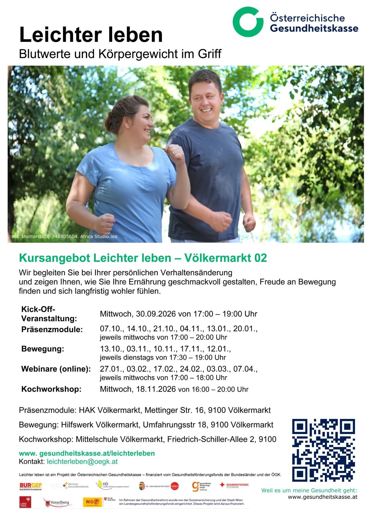 Ein Flyer für eine Gesundheits- und Wellness-Veranstaltung mit einem lächelnden Mann und einer Frau, die in einem Park laufen. Der Flyer enthält Details zu verschiedenen Sitzungen, Workshops und Online-Webinaren.