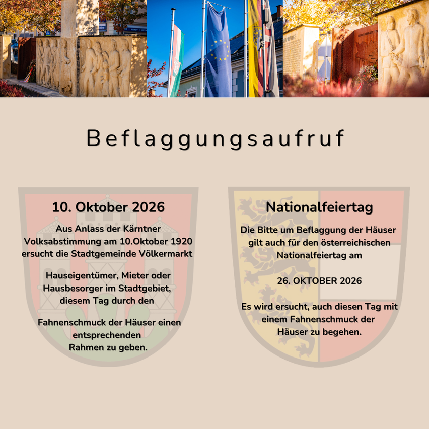 Plakat mit Flaggen und einem Wappen, das eine Flaggenhissung am 10. Oktober 2026 und den österreichischen Nationalfeiertag am 26. Oktober 2026 ankündigt. Es wird gebeten, die Häuser mit Flaggen zu schmücken.