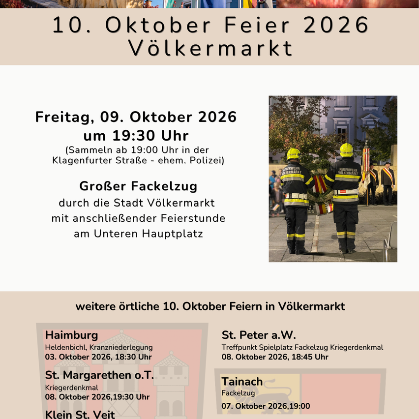 Ein Plakat für das 10. Oktober 2026 Festival in Völkermarkt mit einer Fackelprozession und einer Versammlung am Unteren Hauptplatz.