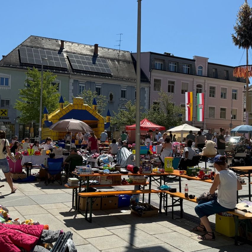 Eine überfüllte Outdoor-Veranstaltung mit mehreren Ständen, auf denen Gegenstände ausgestellt sind. Ein aufblasbares Schloss, Zelte und Flaggen zieren die Szene. Menschen sind versammelt, einige sitzen auf Bänken und andere gehen. Gebäude mit Solarpanelen im Hintergrund.
