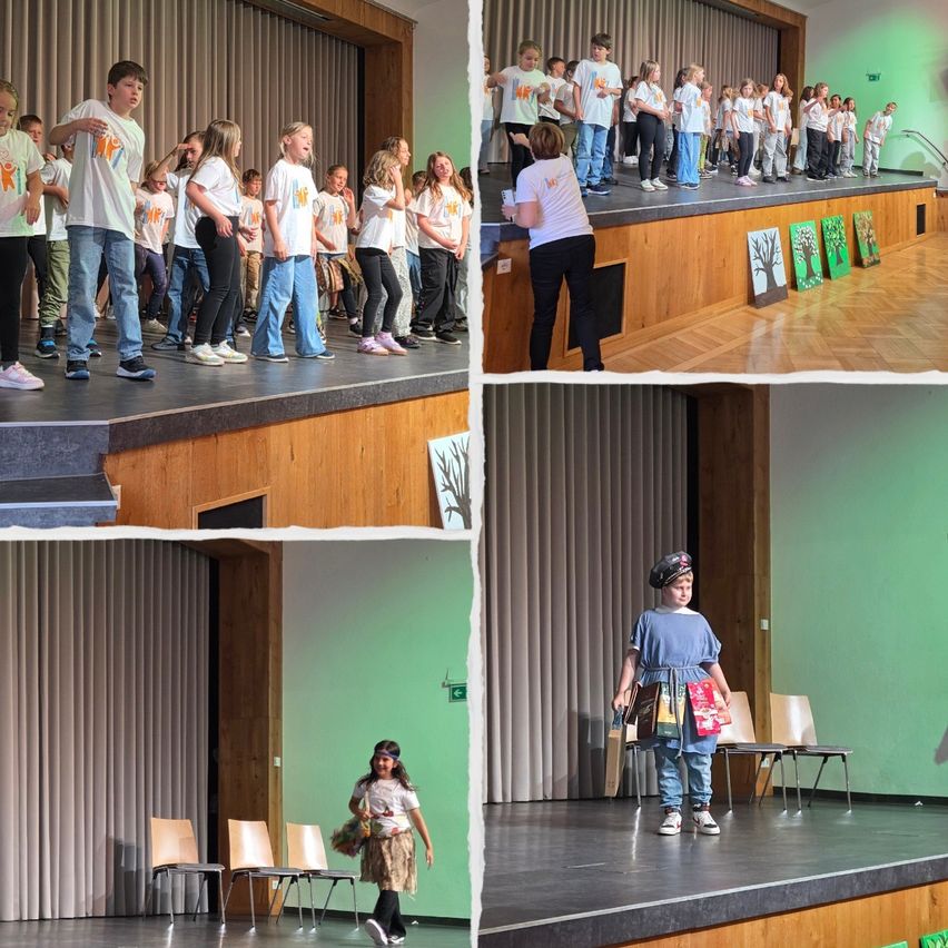 Eine Collage einer Schulaufführung zeigt Schüler auf der Bühne, eine Lehrerin und Kinder in Kostümen. Zwei Kinder stechen hervor, eines trägt einen Hut und hält Bücher.