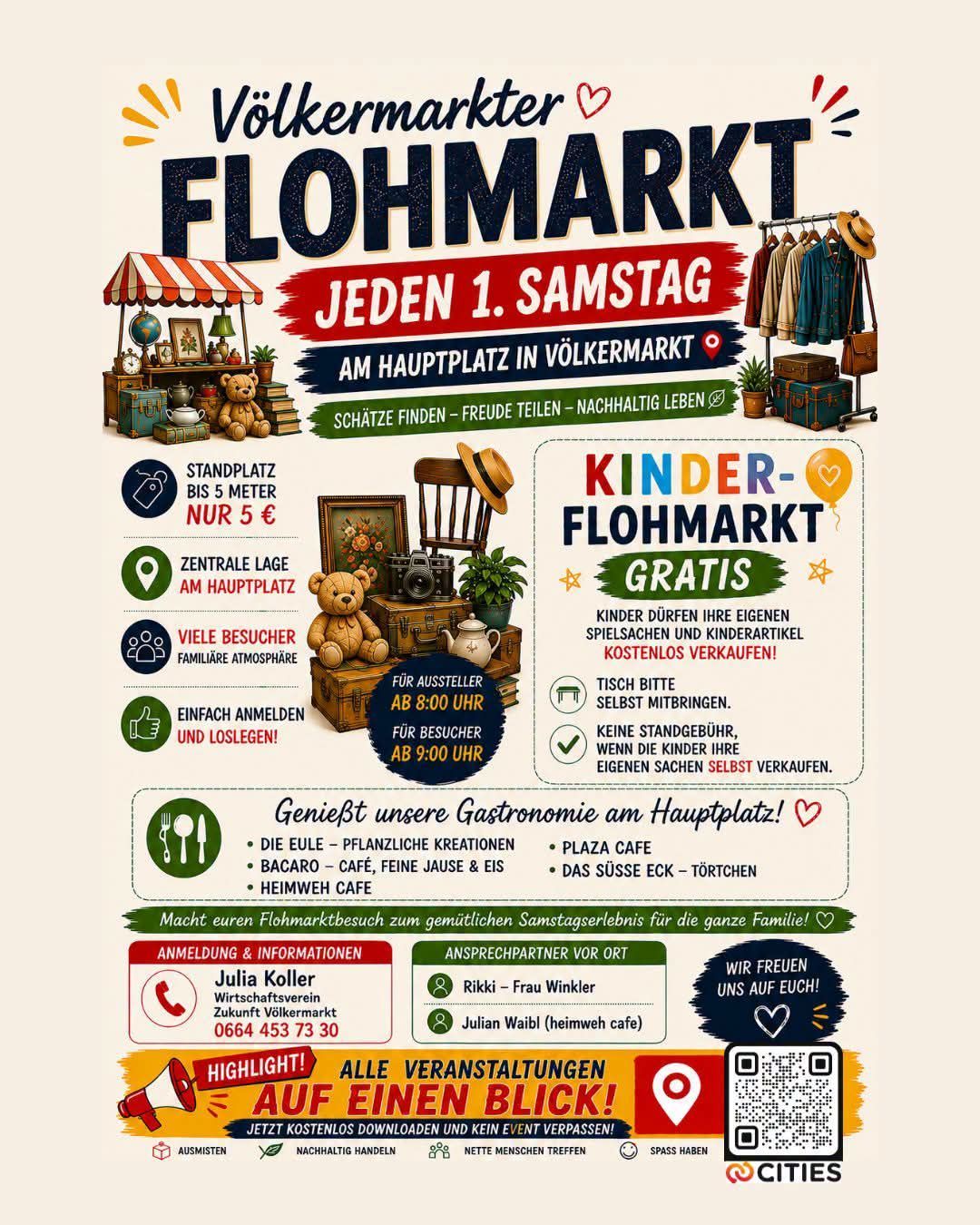 Flohmarkt am Hauptplatz im Völkermarkt jeden 1. Samstag. Kinderflohmarkt kostenlos. Familienfreundliche Atmosphäre, zentrale Lage. Verschiedene Essens- und Getränkeoptionen. Kontaktieren Sie Julia Koller für Anfragen.