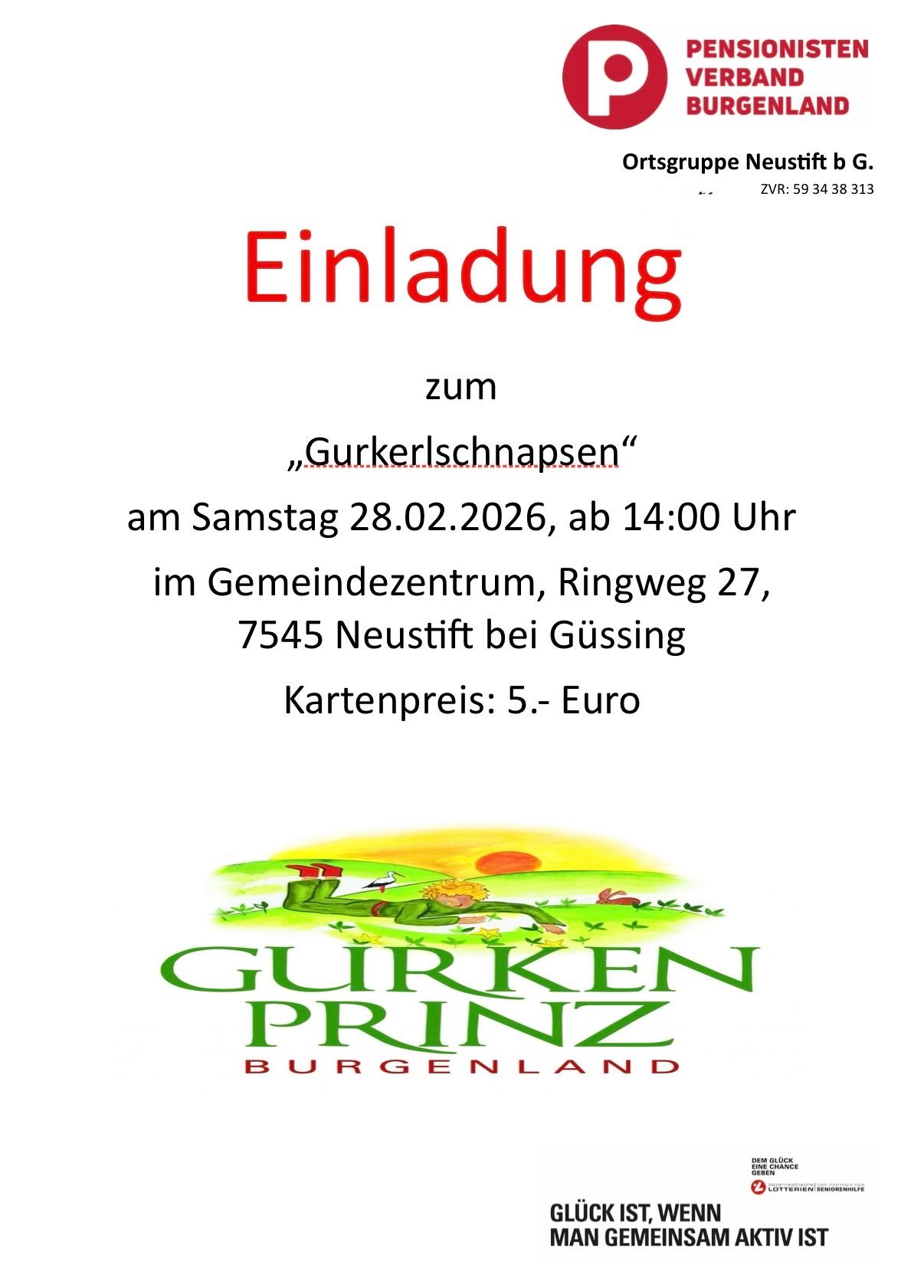 Einladung zum Gurkerlschnapsen am Samstag, 28.02.2026, um 14:00 Uhr im Gemeindezentrum, Ringweg 27, 7545 Neustift bei Gussing. Kartenpreis: 5.- Euro. Gurkerlprinz Burgenland Logo ist vorhanden.
