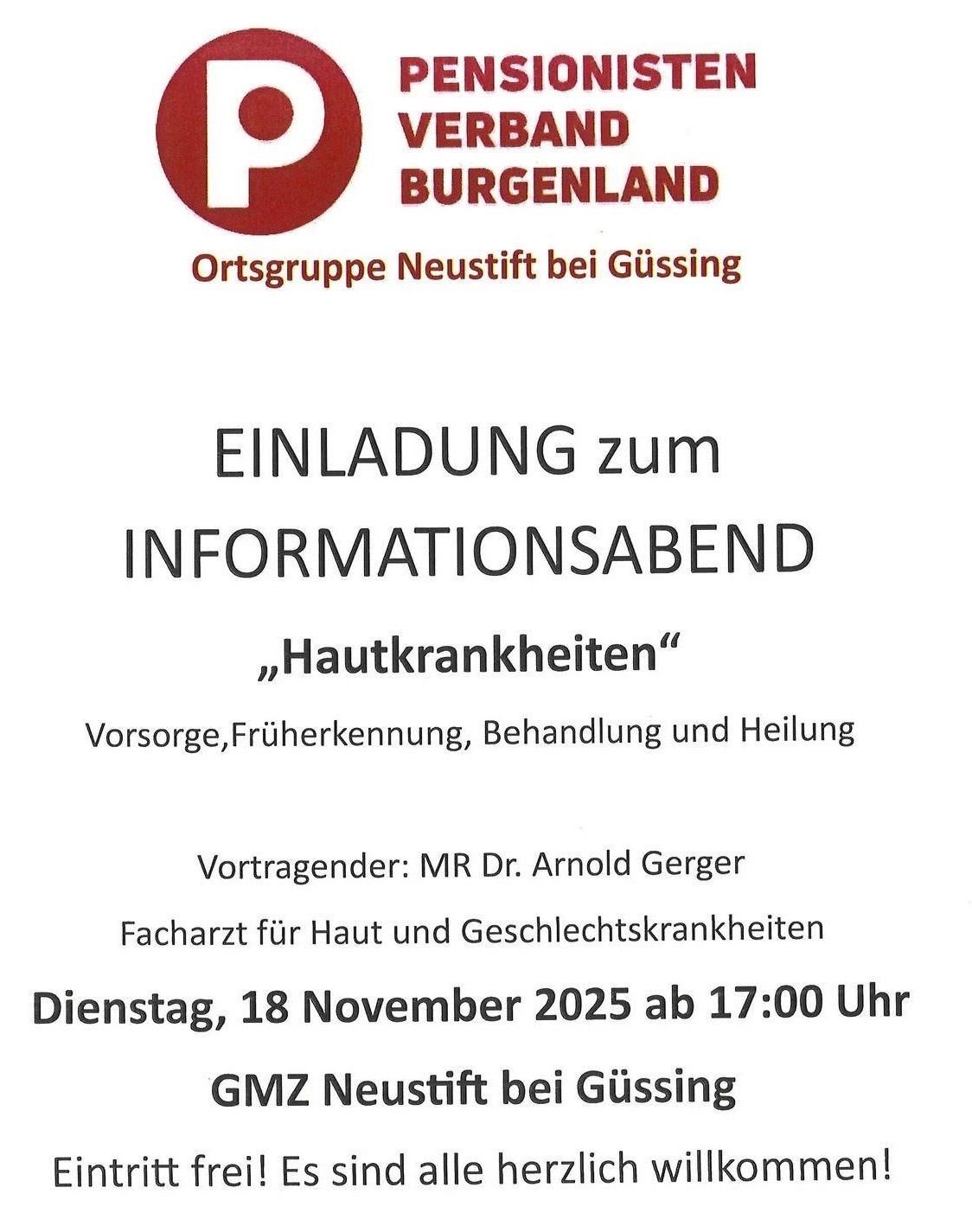 An invitation to the information evening on skin diseases, featuring MR Dr. Arnold Gerger, a specialist in skin and sexually transmitted diseases. The event is scheduled for Tuesday, November 18, 2025, at 5:00 PM at GMZ Neustift bei Güssing.