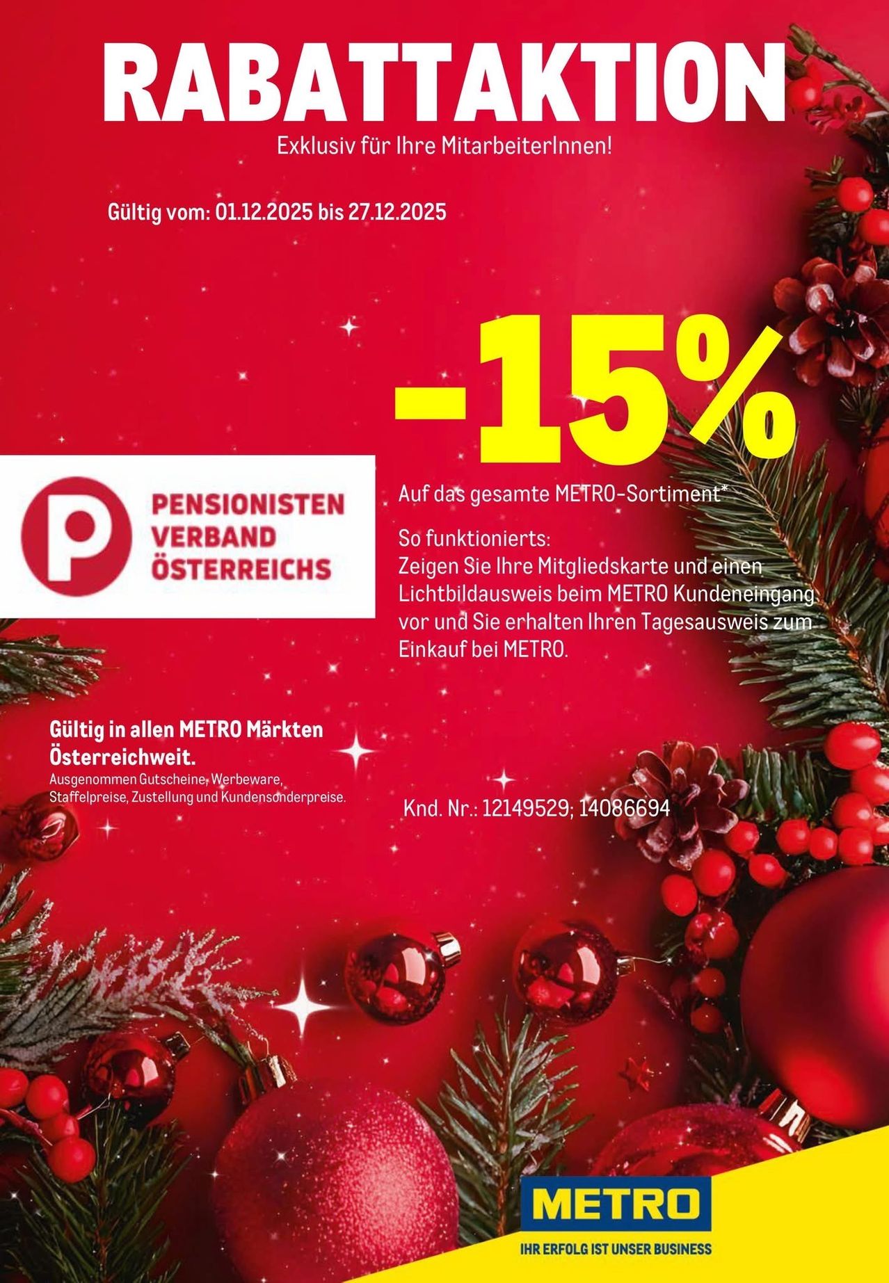 Red poster with a Christmas theme, announcing a 15% discount on all METRO products from 01.12.2025 to 27.12.2025. Customers need to show their pension card and proof of identification.