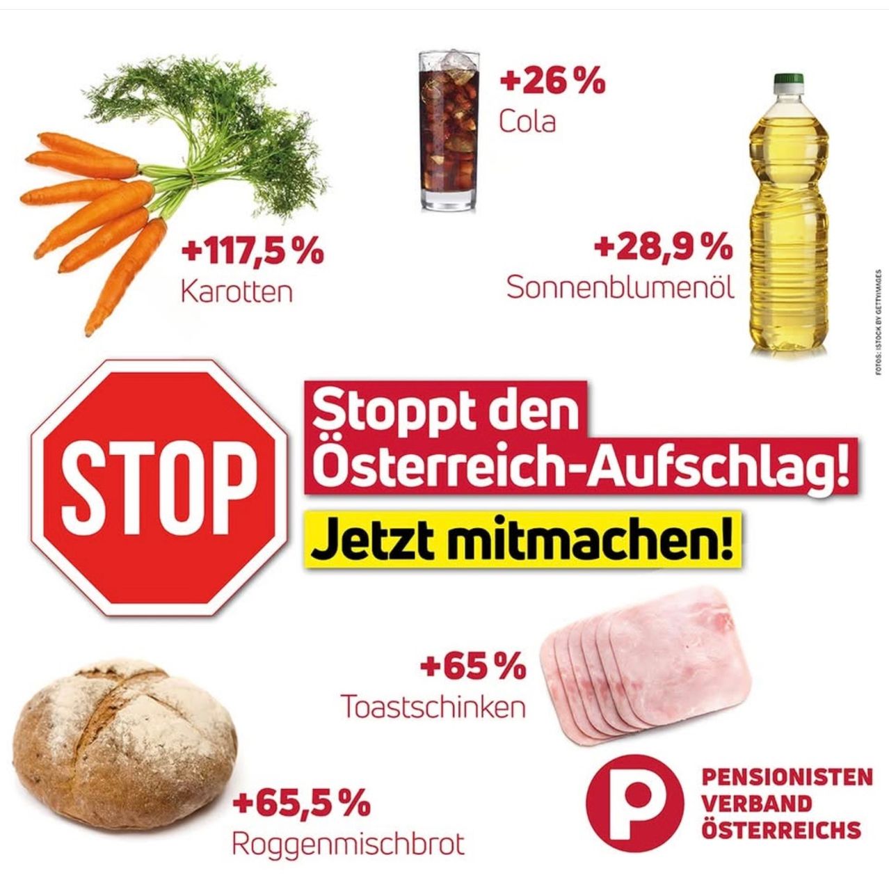 Poster showing a stop sign with food items and price increases. Bread up 65.5%, toast slices up 65%, carrots up 117.5%, cola up 26%, sunflower oil up 28.9%. Call to action to stop Austria inflation.