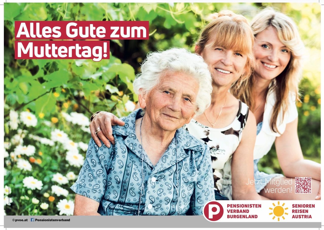 Three women smiling, one with white hair, two younger, in front of a garden. A red banner above reads 'es Gute zum Muttertag!' in German. Below, the logo for 'Pensionisten Verband Burgenland.'