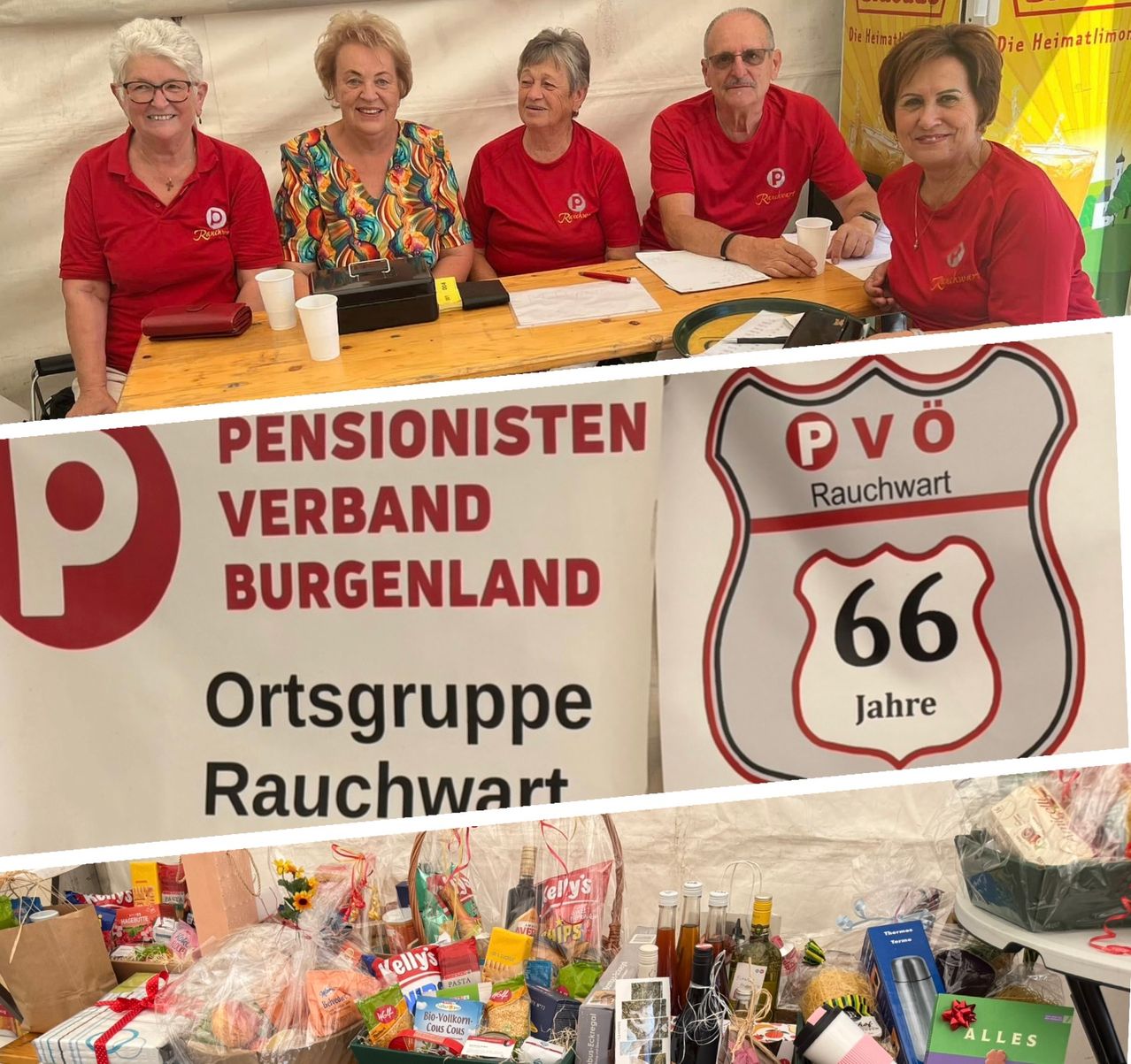 Five people in red shirts sit at a table with cups and papers. Below, a banner reads 'PENSIONISTEN VERBAND BURGENDLAND'. Below that, a collage of food items and a sign with 'PvO Rauchwart 66 Jahre'.