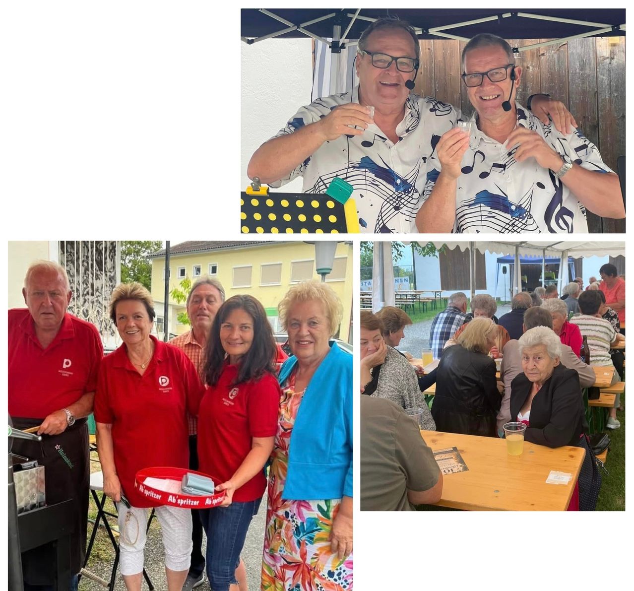 A group of people in red shirts and a woman in a blue shirt are standing together. Another group of people are sitting at a table in an outdoor setting. Two men in white shirts with musical notes are standing under a tent.