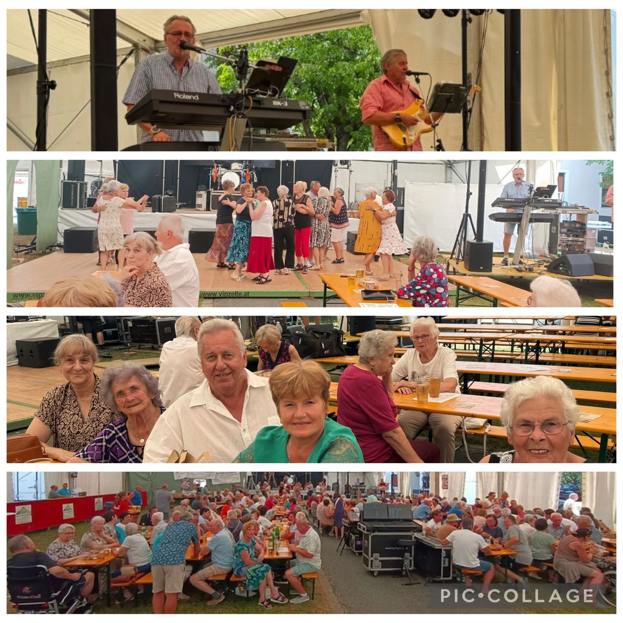 Eine Collage aus vier Bildern: Ein Mann spielt Klavier und singt, Leute tanzen auf der Bühne, andere sitzen an Bänken und eine große Menschenmenge speist unter Zelten.