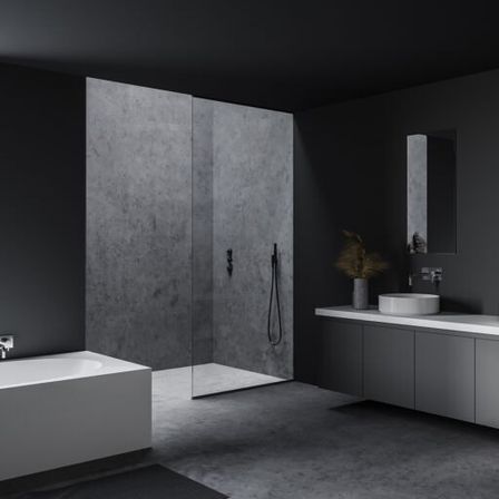 Modernes Badezimmer mit grauen Wänden, einer Badewanne, zwei Waschbecken und einer Duschkabine mit Glastür.