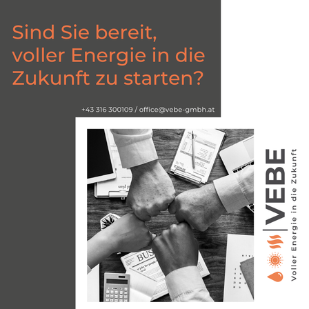 Das Bild zeigt vier Hände, die sich halten. Der Text lautet: Sind Sie bereit, voller Energie in die Zukunft zu starten? Das Bild enthält ein Logo.