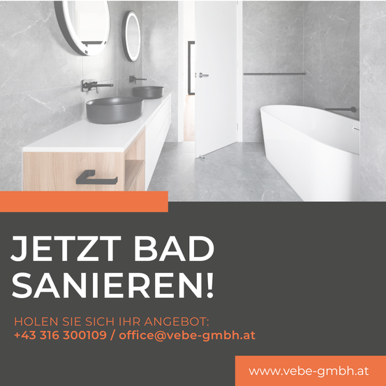Werbeanzeige für ein Badezimmer mit modernem Design, mit zwei Waschbecken, einer Badewanne und einem Spiegel. Der Text 'JETZT BAD SANIEREN!' ist oben angezeigt.