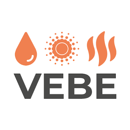 VEEBE-Logo mit Wassertropfen, Sonne und drei Flammen