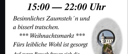 Plakat für einen Weihnachtsmarkt am 6. Dezember auf dem St. Peterer Marktplatz von 15:00 bis 22:00 Uhr. Die Mitglieder des SV Hoppala freuen sich auf Ihren Besuch.