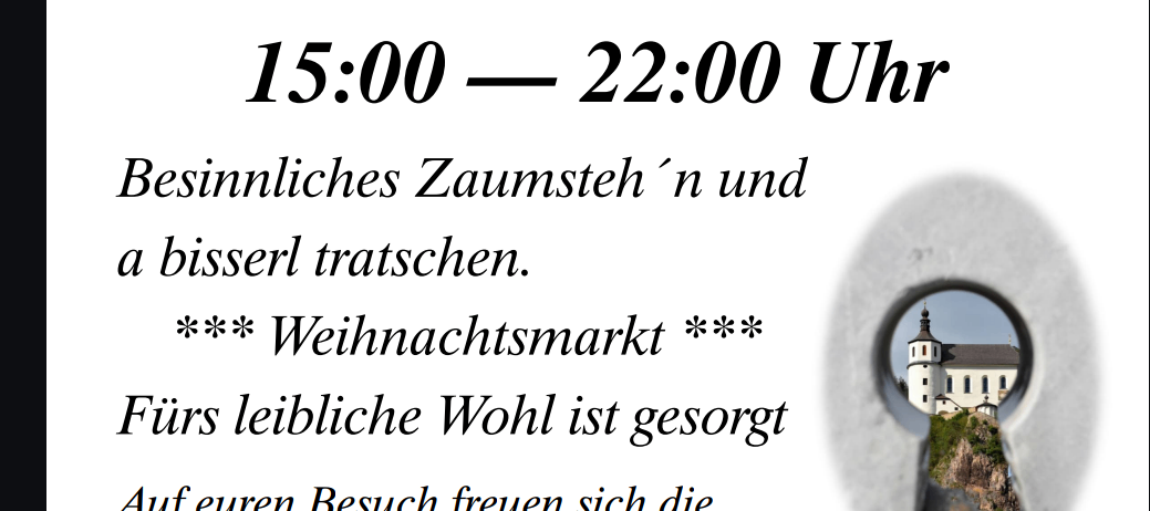 Plakat für einen Weihnachtsmarkt am 6. Dezember auf dem St. Peterer Marktplatz von 15:00 bis 22:00 Uhr. Die Mitglieder des SV Hoppala freuen sich auf Ihren Besuch.