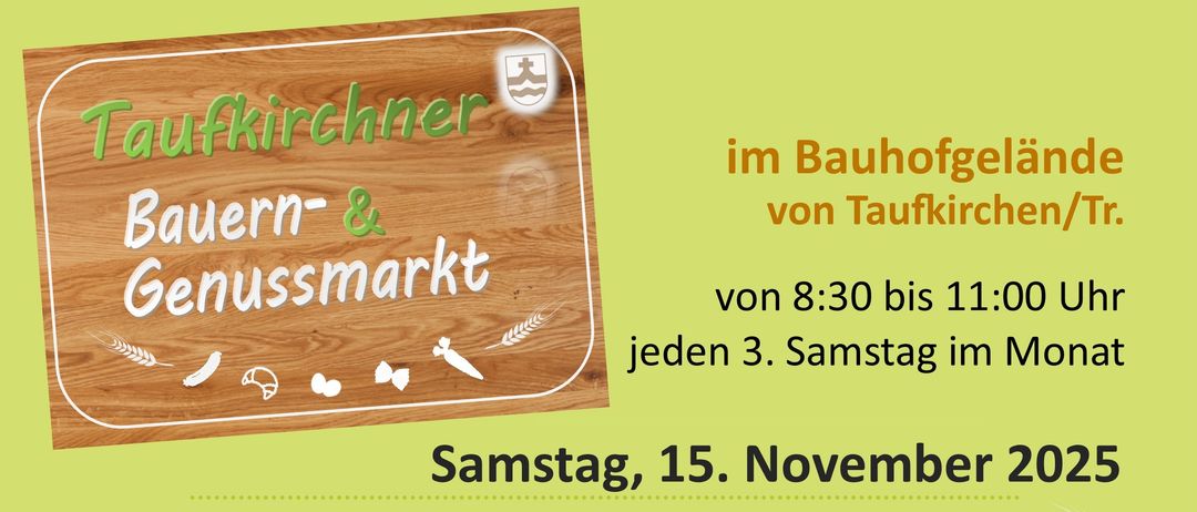 Ein Werbeplakat für einen regionalen Lebensmittelmarkt mit Produkten von lokalen Erzeugern, einschließlich Milchprodukte, Eier, Fleisch, Gemüse und verschiedene Waren. Die Veranstaltung findet jeden dritten Samstag im Monat von 8:30 bis 11:00 Uhr statt.