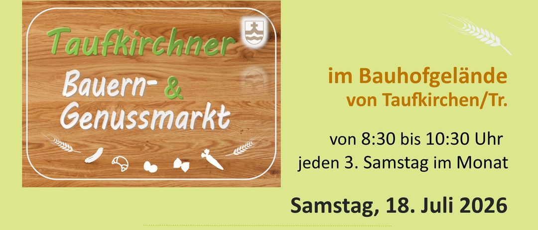 Poster advertising the Genussmarkt event on July 18, 2026, featuring a list of local produce and products, and information about the event's quality standards.